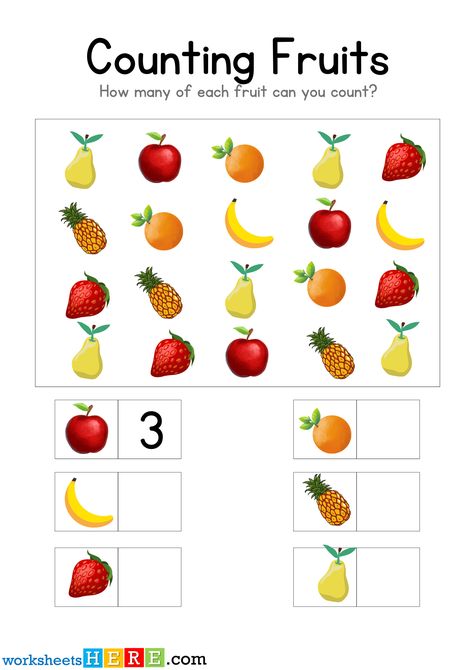 Counting Fruits, Count Each Fruit and Write PDF Worksheet For Kids - WorksheetsHere.com Rote Counting, Worksheet For Kids, The Teacher, Worksheets For Kids, Preschool, For Kids, Fruit, Writing, Quick Saves