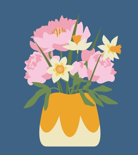 Vase with peonies and daffodils. Peonies Vase, Vector Typography, Daffodils, Peonies, Vector Free, Royalty Free, Typography, Clip Art, Vase