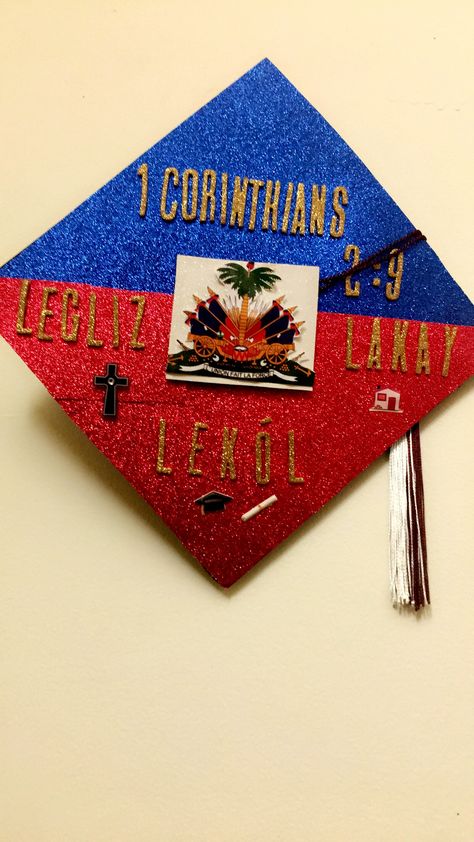 Haitian Flag Graduation Cap DIY  I can’t believe I did this cap by myself I was so nervous because I thought it would turn out bad 😭 Haitian Flag Clothing, Graduation Cap Diy, Flag Graduation Cap, Diy Graduation Decorations, Haiti History, Diy Flag, Graduation Cap Decoration Diy, High School Graduation Cap, Haitian Flag