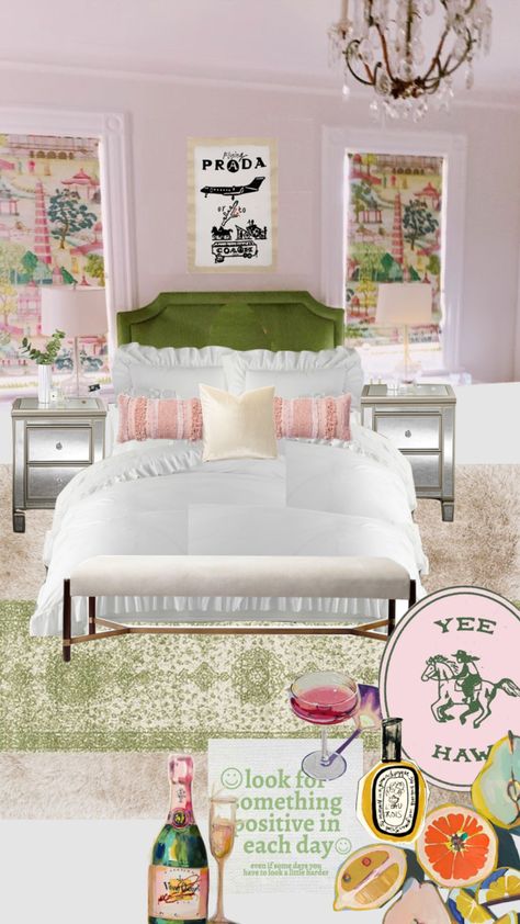 Preppy Green Room, Grand Millennial Bedroom Pink, Preppy Green Bedroom, Green And Pink Dorm Room, Pink And Green Room Aesthetic, White House Bedroom, Sorority Bedroom, Palm Beach Bedroom, Apartment Bed