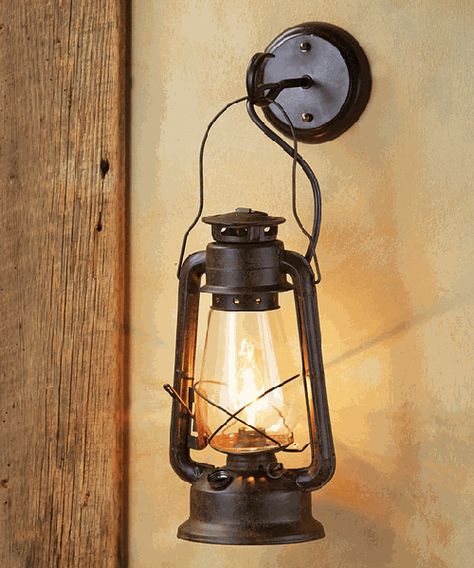 Rustic Lantern Wall Sconce                                                                                                                                                      More Western Wall Decor, Black Forest Decor, Rustic Light Fixtures, Rustic Lanterns, Rustic Bedroom Decor, Oil Lantern, Cabin Lighting, Rustic Wall Sconces, Lantern Wall