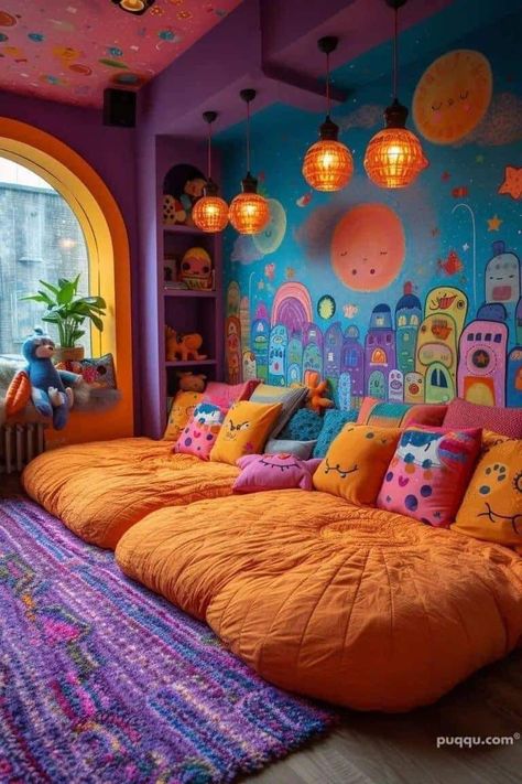 Children’s Room Interior Design, Nursery Ideas Bright, Cozy Kids Bedroom, Kidcore Room, Bright Nursery, Japanese Bed, Colorful Playroom, Colorful Kids Room, Kids Bedroom Inspiration