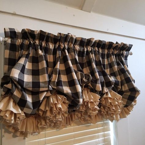 The Curtains Are Made From A Covington Fabric Called Sandwell Black And Tan. The Plaid Is About 1 1/2" And The Ruffles Are Made From A Matching Tan Fabric. They Go Together Beautifully! This Is The Perfect Farmhouse Curtain! Will Fit Standard Windows Up To 47" Wide. The Length Is About 24", But There Are Loops And Clips On The Back To Adjust The Length. Please Message Me With Any Questions, And Thanks For Looking! Lace Bedroom, Buffalo Check Curtains, Covington Fabric, Check Curtains, Balloon Valance, Balloon Curtains, Burlap Curtains, Farmhouse Curtains, Country Curtains