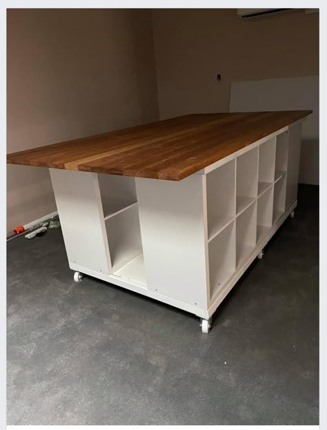 Shipping Table Ideas, Large Sewing Table, Craft Table Island, Craft Room Tables Work Stations, Kallax Storage Ideas, Craft Room Island, Large Craft Table, Workshop Space Design, Craft Room Layout Ideas