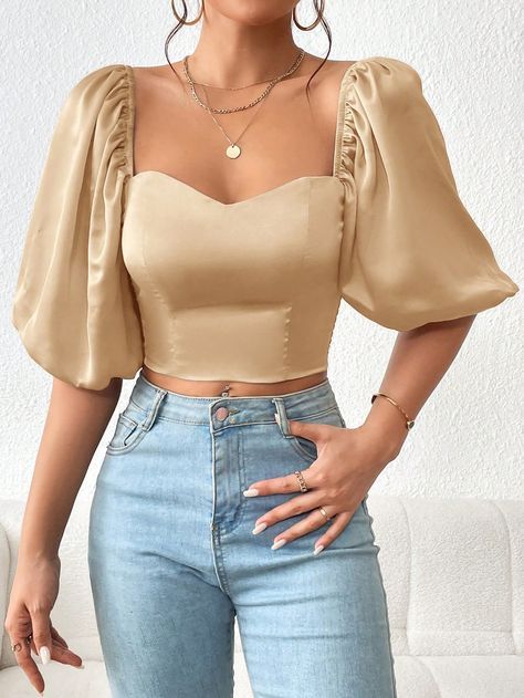 Apricot Elegant Collar Half Sleeve Woven Fabric Plain Top Embellished Non-Stretch Summer Women Clothing Satin Top Outfit, Dusty Pink Top, Breezy Outfit, Puff Sleeve Crop Top, Crop Top Outfits, Pink Boho, Mode Inspo, Crop Blouse, Puff Sleeve Top