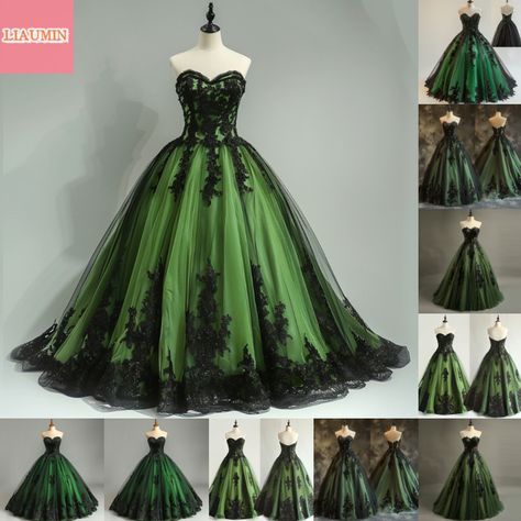 Black And Green Gown, Green And Black Wedding Dress, Ball Gowns Green, Green Wedding Gown, Faerie Dress, Black Lace Ball Gown, Dark Green Prom Dresses, Christmas Wedding Dresses, Purple Ideas