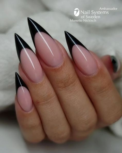 Black Stiletto French Tip Nails, French Tip Stilleto Nail, Stiletto Nails Medium, Pointy Black French Tip Nails, Black French Tip Nails Stiletto, Black French Tip Stiletto, Black Nail Designs Pointy, Simple Stiletto Nails Designs, Small Stilleto Nails