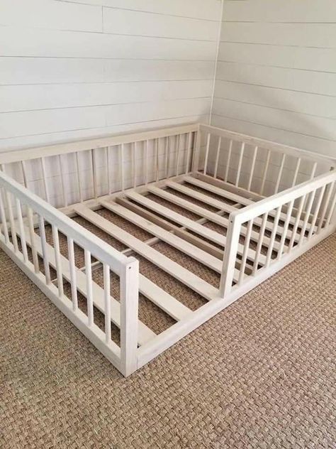 Diy Floor Bed Frame, Full Size Floor Bed, Diy Floor Bed, Floor Bed With Rails, Raised Bed Frame, Bed Frame Twin, Diy Toddler Bed, Montessori Floor Bed, Bedroom Boy