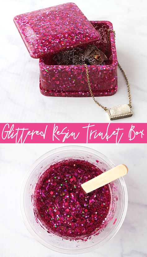 Glittered DIY Resin Trinket Box Diy Trinket Box, Resin Business, Chocolate Tray, Grandma Camp, Using Resin, Wall Art Tutorial, Resin Box, Resin Ornaments, Resin Crafts Tutorial