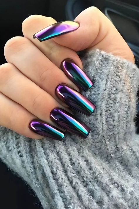 27 Breathtaking Chrome Nails For Your Special Night Jasmine Nails, Purple Chrome Nails, Chrome Nails Designs, Galaxy Nails, Her Nails, Metallic Nails, Nailed It, Fancy Nails, Dope Nails