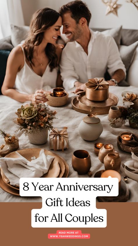 A stunning couple celebrating their 8-year anniversary, surrounded by thoughtful gifts like bronze keepsakes, personalized pottery, and cozy linen items. 8 Year Anniversary Ideas, 8 Year Anniversary Gift Ideas For Him, 8 Year Wedding Anniversary Gifts, 8th Anniversary Gifts, 8 Year Wedding Anniversary Gifts For Him, 9th Wedding Anniversary Gifts For Him, 5 Year Anniversary Traditional Gift, Bronze Gifts Anniversary, Bronze Anniversary Gifts For Him