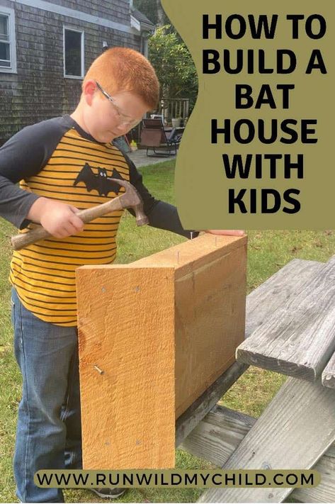 Step-by-step Tutorial on How to Build a Bat House with Kids • Plus, everything you ever wanted to know about bats, bat facts for kids, bat conservation, benefits of bats, and bat books for kids. #bats #bathouse #bathouseconstruction #bathouseplans #buildingabathouse #diy #tutorial #bathousetutorial #batbox #batfacts #bat Diy Bat Box Easy, Diy Bat Box How To Build, Bat Houses Diy How To Build Easy, Bat Boxes Diy How To Build Easy, Diy Bat Cave, Bat Boxes Diy How To Build, How To Make A Bat House, Bat Houses Diy How To Build, Bat Box Plans