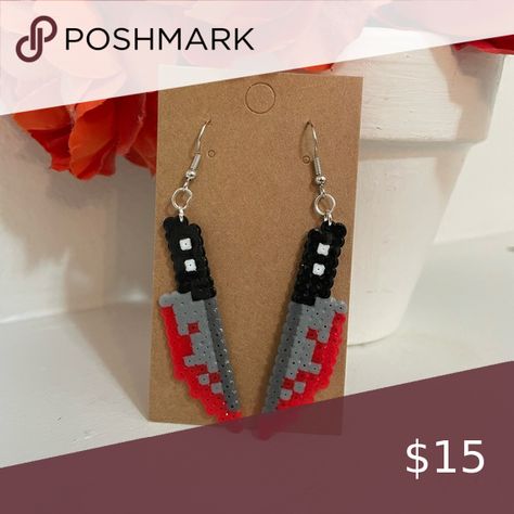 Perler Bead Knife Earrings Perler Beads Knife, Knife Perler Beads, Hama Bead Earrings, Knife Pixel Art, Knife Earrings, Perler Designs, Easy Perler Beads Ideas, Hamma Beads, Perler Art