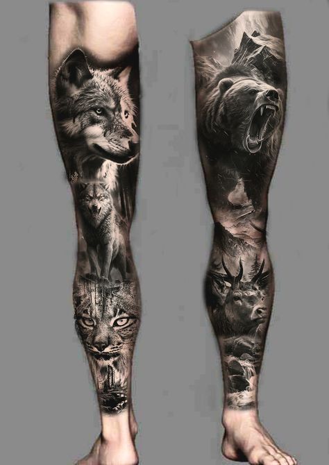 Wolf Realism Tattoo Design, Leg Sleeve Animals, Animal Themed Leg Sleeve, Forest Creature Tattoo, Nordic Leg Sleeve, Realism Tattoo Leg, Animal Leg Sleeve Tattoo, Animal Leg Sleeve, Nature Leg Sleeve