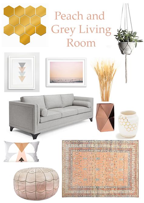 Peach & Grey Living Room Grey And Peach Living Room, Peach And Gray Living Room, Zen Dining Room, Gray Living Room Decor, Peach Living Rooms, Egyptian Interior, Gray Living Room, Grey Living Room, Writing Portfolio