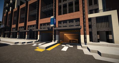 Entrance to parking garage Minecraft City Entrance, Minecraft Parking Garage, Minecraft Garage, Cozy Rooftop, City Entrance, Minecraft Modern City, Modern Minecraft, Minecraft City Buildings, Minecraft Ps4