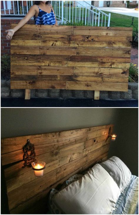 Boring Bedroom, Pallet Wood Headboard, Headboard Projects, Diy Pallet Bed, Pallet Headboard, Pallet Beds, Pallet Patio Furniture, 1001 Pallets, Pallet Patio