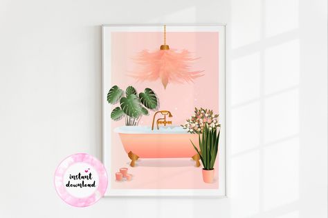 Pink Bathroom PRINTABLE, Bathtub Art, Flower Art, Botanical Plant Print, Pastel Pink Print, Romantic Bubble Bath Decor, DIGITAL DOWNLOAD Bathtub With Flowers, Romantic Bubble Bath, Bathtub Art, Pink Bathtub, Botanical Bathroom, Bathroom Printable, Bathroom Printables, Bath Art, Botanical Print Set