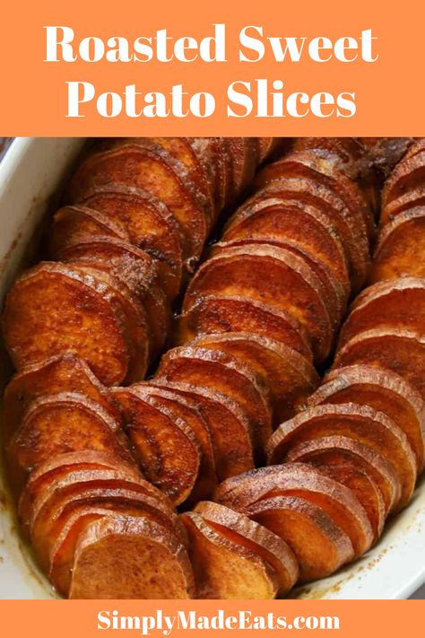 Slices of sweet potatoes in dish. Sweet Potato And Onion Bake, Chopped Baked Sweet Potatoes In The Oven, Hasselback Sweet Potato Recipes, Roasted Sliced Sweet Potatoes, Sweet Potato Recipes Make Ahead, Toasted Sweet Potatoes Oven, Sliced Baked Sweet Potatoes In The Oven, Make Ahead Sweet Potatoes Thanksgiving, How Long To Bake Sweet Potatoes In Oven