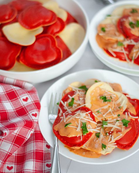 Valentine’s Day Hearts Ravioli with Vodka Sauce | Nuovo Pasta Heart Ravioli Recipe, Valentine’s Day Pasta, Ravioli With Vodka Sauce, Valentine Pasta, Valentines Pasta, Heart Ravioli, 30min Meals, Four Cheese Ravioli, Valentines Ball