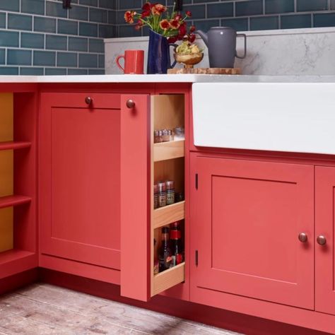 Brookmans on Instagram: “This #sundayfunday we’re cooking up a feast using our crafted pull-out spice cabinet, with oak internals and an Arizona red paint finish.…” Coral Kitchen Cabinets, Coral Kitchen, Condo Kitchen, Eclectic House, Spice Cabinet, Cottage Rental, Tiny House Decor, Red Kitchen, Paint Finish