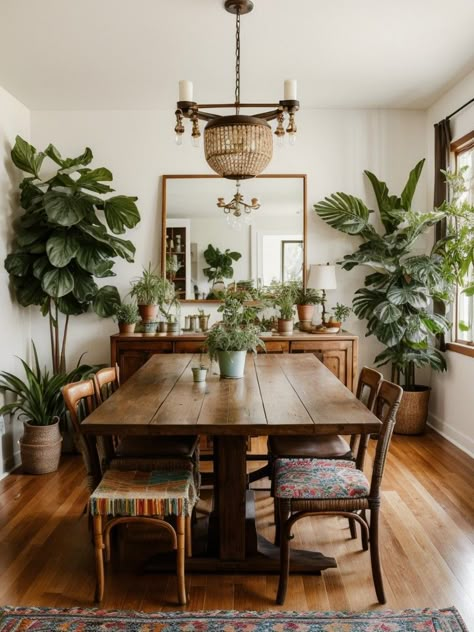 Earthy Tone Dining Room, Dining Room Plants Decor, Dining Room Plants, Earthy Dining Room, Bohemian Dining Room, Dining Room Storage Ideas, Boho Dining Room, Modern Farmhouse Dining Room, Lots Of Plants