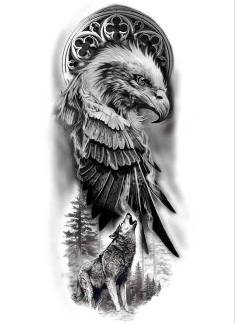 Eagle Tattoos Forearm, Eagle And Wolf Tattoo Design, Wolf And Eagle Tattoo, Tattoo Filler Ideas Men Backgrounds, Half Sleeve Tattoos Wolf, Eagles Tattoo, Egypt Tattoo Design, Tattoos Sketches, Front Shoulder Tattoos