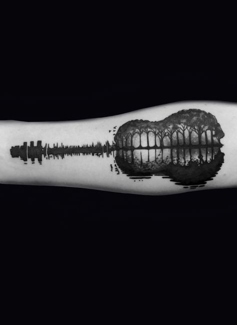 The sound of forest... Guitar tattoo Music Nature Tattoo, Guitar Tattoos, Musician Tattoo, Guitar Tattoo Design, Sunset Tattoos, Guitar Tattoo, Music Tattoo Designs, Wild Tattoo, Forest Tattoos