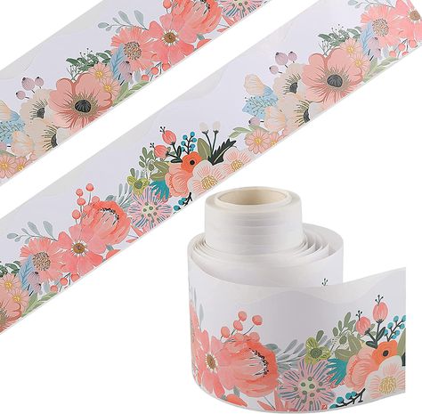 Roll of 82 feet/25 meters self-adhesive floral sticker of border of bulletin board. High Quality Material: Our watercolour flowers classroom decoration border trim is made of PET synthetic paper, Smooth and waterproof surface, not easy to tear, Will not fade, As a result, it is easy to clean and enable long lasting use. Designed for The Classroom: The pink flowers die cut bulletin board stickers are colorful, striking, ideal for decorating the bulletin board,classroom or office. Flower Bulletin Boards, Office Boards, Border Flowers, Classroom Borders, Photo Border, Cork Tiles, Bulletin Board Borders, Childrens Playroom, Bulletin Board Decor