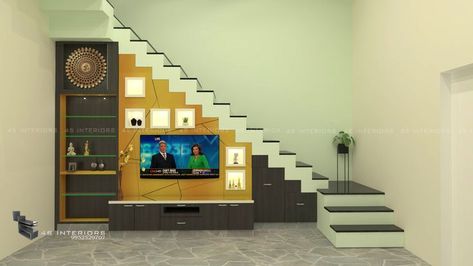 Pooja Unit Under Staircase, Tv Wall Under Stairs, Under Stair Tv Unit Design, Tv Unit Under Staircase Living Rooms, Tv Unit Below Staircase, Tv Unit Under Staircase, Design Under Stairs Ideas, Stairs Tv Unit, Under Stairs Tv Unit