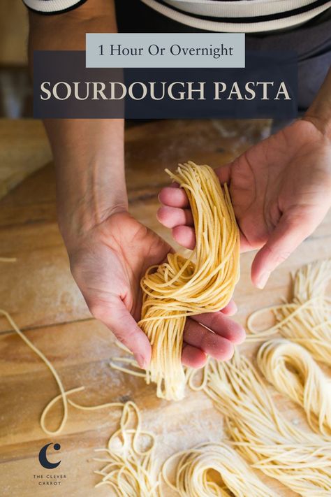 Learn how to make THE BEST sourdough pasta with clear step-by-step instructions and video. My recipe uses only 3 ingredients: flour, eggs and sourdough starter (active starter or sourdough discard) with a same day “1 hour dough” and a longer, 24 hour fermented option to maximize digestibility. Use for homemade pappardelle, ravioli, lasagna noodles and more! Sourdough Pasta Recipe, Homemade Pappardelle, Sourdough Pasta, Frugal Pantry, The Clever Carrot, Clever Carrot, Semolina Flour, Pasta Fresh, Ravioli Lasagna