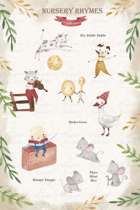 Watercolor Nursery Rhymes Clipart by LeMagiqueBoutique on @creativemarket Nursery Rhyme Mural, Nursery Rhyme Illustrations, Nursery Rhyme Themed Nursery, Nursery Rhyme Nursery Theme, Nursery Rhymes Illustrations, Vintage Nursery Rhymes, Nursery Rhyme Party, Mother Goose Nursery Rhymes, Old Nursery Rhymes