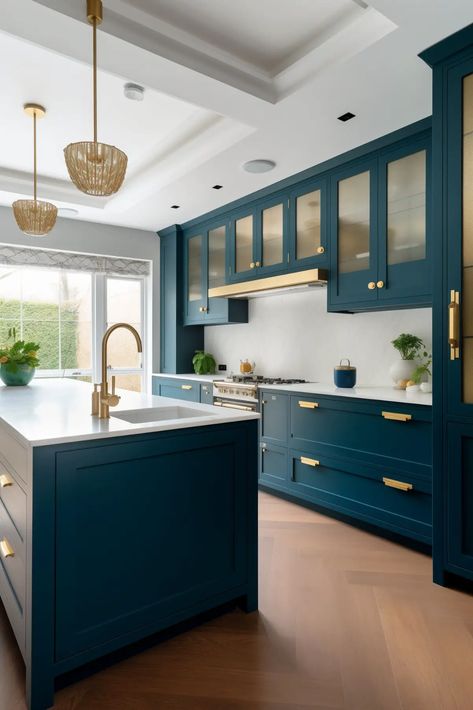 Peacock Blue and Gold Kitchens: A Bold and Chic Combination Teal Cabinets, Gold Door Handles, Gold Accent Wall, Kitchen Colour Combination, Loft Interior Design, Blue Kitchen Cabinets, Modern Kitchen Cabinet Design, Kitchen Refresh, Loft Interiors