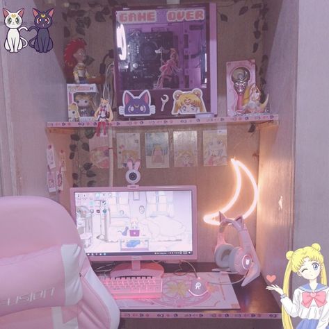 Sailor Moon Room, Sailor Moon Pink, Pink Setup, Moon Room, Setup Gamer, Rooms Ideas, Kawaii Room, Gamer Girl, Apartment Ideas