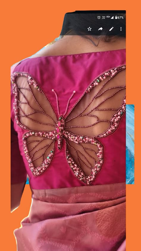 Aari Work Net Blouse, Butterfly Aari Work, Butterfly Aari Work Designs, Lace Blouse Design, Cute Border, Netted Blouse Designs, Long Blouse Designs, Blouse Designs Pattern, Butterfly Net