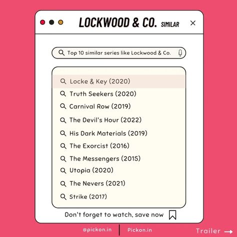 Movies to watch, Series to watch, Similar Shows Like Lockwood & Co. NETFLIX series, Movies List, New Show on Netflix, Movies Recommendations. by Pickon Pinterest Movies Recommendations, Series To Watch, Movies List, Lockwood And Co, Truth Seeker, His Dark Materials, Thriller Movies, The Exorcist, Stranger Things Netflix