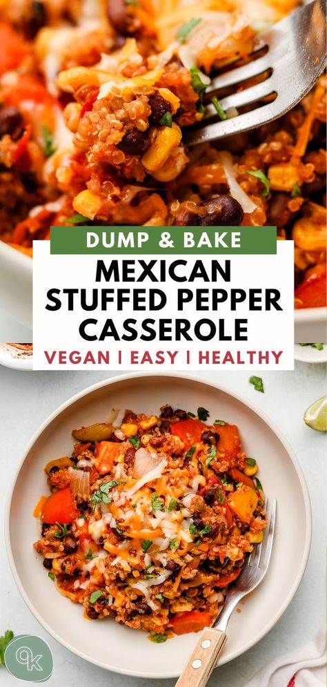 Vegan Casserole Recipes, Casserole Vegan, Dump And Bake, Pepper Casserole, Stuffed Pepper Casserole, Vegan Casserole, Vegan Mexican Recipes, Stuffed Pepper, Meatless Dinner