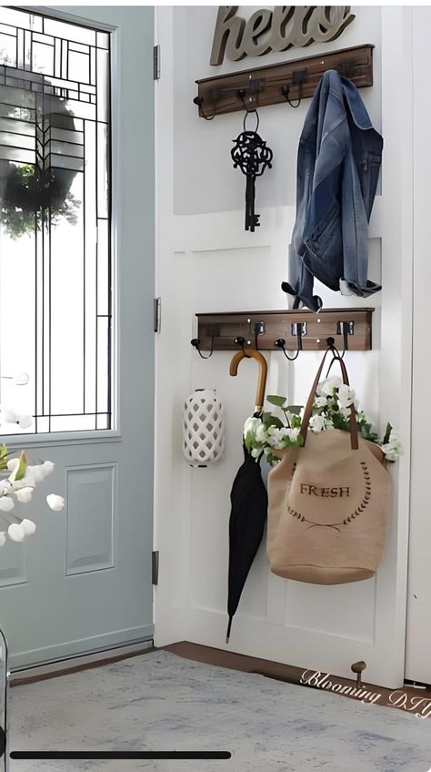 Behind Door Coat Hooks, Coat Hanger Entrance, High Ceiling Entry Way Wall Decor, Entrance Coat Hanger Ideas, Behind Door Entryway, Coat Hanger Ideas Front Entry, Tiny Mudroom Ideas Entryway, Coat Hanger Ideas, Hanger Ideas