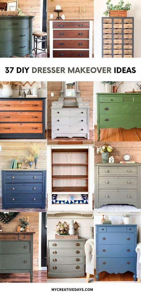 Explore 37 DIY dresser makeover ideas and tutorials in all styles! Click through for a collection of the best dresser makeover before-and-afters, including rustic, farmhouse, cottage core, and minimalist painted and upcycled tutorials. Old Chest Of Drawers Makeover, 3 Drawer Dresser Makeover, Diy Dresser Makeover White, Diy Dresser Makeover Ideas, Farmhouse Dresser Makeover, Gray Dresser Makeover, Diy Chest Of Drawers, Paint Dresser Diy, Wood Dressers Makeover