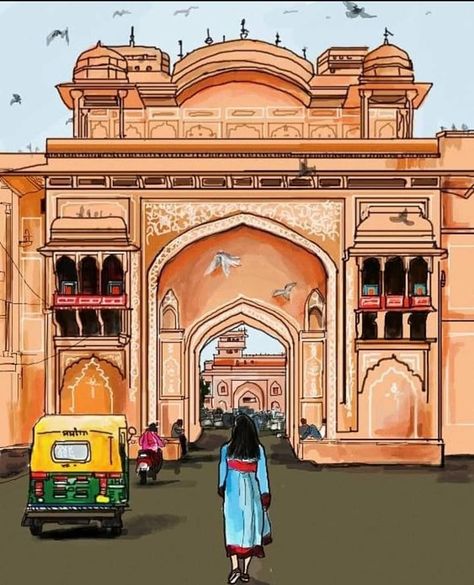 Jaipur Painting Canvas, Udaipur Illustration Art, Udaipur Drawing, Jaipur Illustration Art, Jaipur Drawing, Jaipur Illustration, Rajasthan Illustration, Jaipur Painting, Pencil Colour Painting