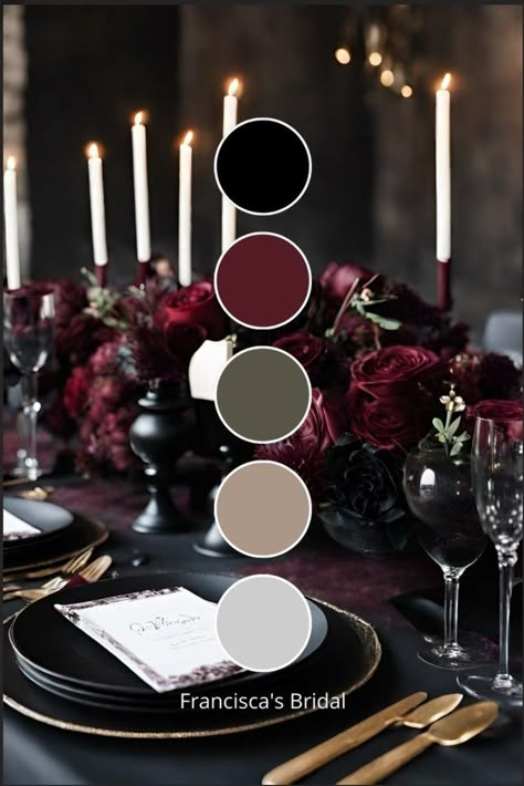 Emerald Burgundy Black Wedding, Darker Wedding Color Schemes, Burgundy Sage Black Wedding, Black And Sage Wedding Theme, Spooky Wedding Color Palette, Dark Colour Palette Color Combos, Fall Dark Wedding Color Schemes, Red Green And Black Wedding Theme, Fall Moody Wedding Colors