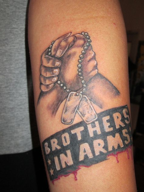 Brothers in arms Brothers In Arms Tattoo, Arm Tattoos With Meaning, Small Japanese Tattoo, Meaningful Tattoos For Men, Medium Size Tattoos, Tattoo Sites, Brother Tattoos, Back Of Arm Tattoo, Girl Arm Tattoos