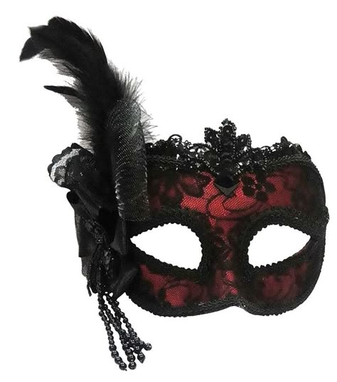 Red with black lace and feather mask Burlesque Mask, Mad Hatter Fancy Dress, Elegant Costumes, Red Mask Masquerade, Masquarade Mask, Red Masquerade Mask, Masquerade Ideas, Masquerade Halloween Costumes, Masquerade Mask Black