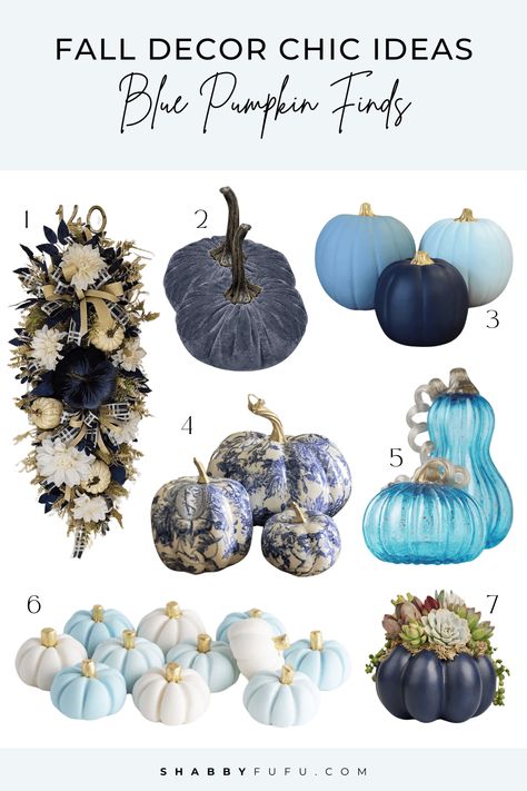 Chic Ideas to Incorporate Blue Pumpkins into Your Fall Decor Blue Pumpkin Decor, Chinoiserie Pumpkins, Pumpkin Planter, Pumpkin Arrangements, Fall Vignettes, Blue Pumpkin, White Fireplace, Blue Pumpkins, Velvet Pumpkins