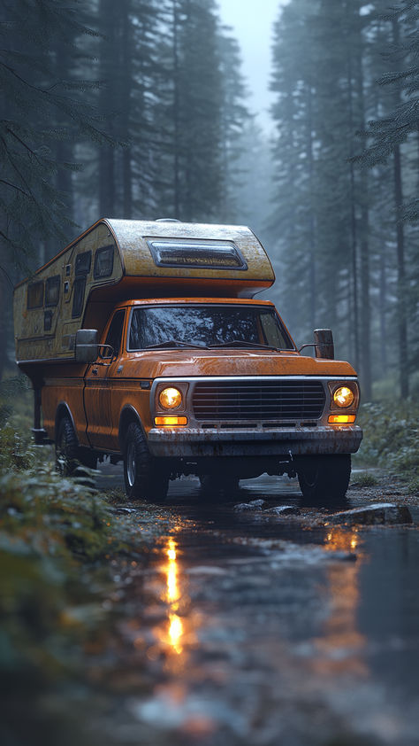 A vintage orange truck with a camper shell parked in a forest. The truck bed is set up for camping with a mattress and other gear. Truck Camping Setup, Truck Camper Interior, Truck Bed Mattress, Truck Tent Camping, Pickup Truck Camper, Camping Truck, Pickup Trucks Camping, Camping Setup, Camper Truck