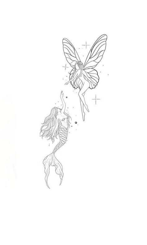 Simple Line Mermaid Tattoo, Pisces Fairy Tattoo, Mermaid And Fairy Tattoo, Fairy And Mermaid Tattoo, Fairy Sleeve Tattoo, Tattoo Men Ideas, Simple Unique Tattoos, Small Mermaid Tattoo, Brown Tattoo Ink