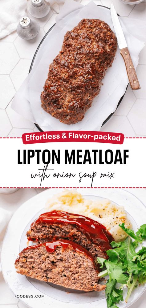 Weekend dinner dilemma solved! This Lipton Meatloaf recipe delivers classic comfort food with just 5 ingredients and 3 simple steps. The secret weapon? A packet of Lipton onion soup mix that seasons the meatloaf to perfection, saving you time and guesswork. Enjoy juicy, flavorful meatloaf slices with mashed potatoes and green beans for a family-friendly dinner. This meatloaf recipe is perfect for weeknights, holiday gatherings, or whenever you crave a taste of nostalgia. Full recipe on my blog! Meatloaf Recipes Easy Lipton Onion, Meatloaf With Lipton Onion Soup Recipe, Meatloaf With Onion Soup Mix Lipton Easy Recipes, Meatloaf With Lipton Onion Soup, Lipton Soup Mix Meatloaf, Lipton Meatloaf Recipe, Lipton Onion Soup Mix Meatloaf Recipe, Lipton Meatloaf, Meatloaf Soup