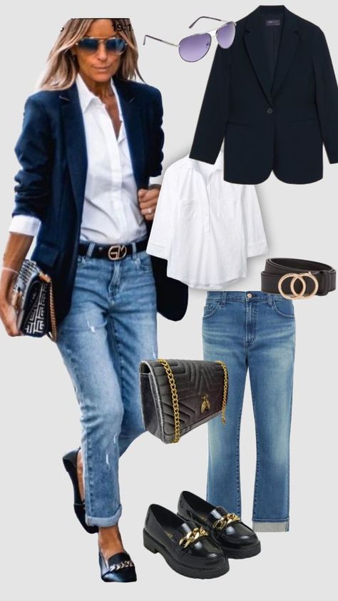 Business Casual Blue Jeans, Early Fall Jeans Outfits, Penny Loafer Outfits Women Fall, Outfits With Denim Vests For Women, J Crew Lady Jacket Outfit, Snappy Casual Outfits For Women, Alyssa Beltempo Outfits, Classy Business Casual Outfits, Matured Look Outfit Women