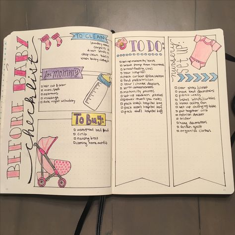 Bullet journal baby checklist. Bujo tracker, task organization bujo spread Checklist Journal Ideas, Pregnancy Bullet Journal Ideas, Bullet Journal Pregnancy, Pregnancy Diary Ideas, Baby Bullet Journal, Baby Journal Ideas, Pregnancy Bullet Journal, Pregnancy Journal Ideas, Task Organization