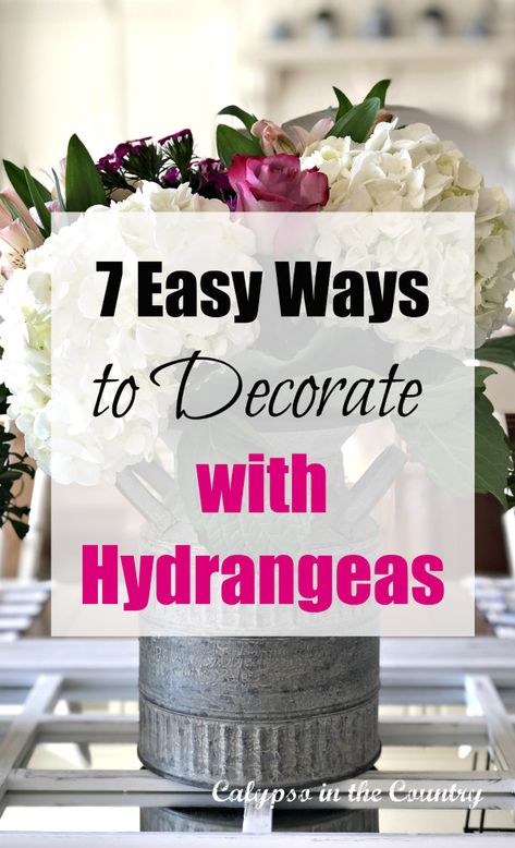 Seven Easy Ways to Decorate with Hydrangeas in the home.  Includes simple flower arrangements, centerpieces, fireplace mantel and more.  Hydrangeas are such versatile flowers and perfect for home decor!  #hydrangeas #decoratingwithhydrangeas #hydrangeasindecor #whitehydrangeas Flower Arrangements With Hydrangeas And Roses, Hydrangea Arrangements Farmhouse, Arrangement With Hydrangea, Centerpiece With Hydrangea, Hydrangeas Arrangements Centerpieces, Hydrangea Dried Arrangement, Hydrangea Silk Flower Arrangements, Rustic Hydrangea Centerpiece, How To Display Dried Hydrangeas